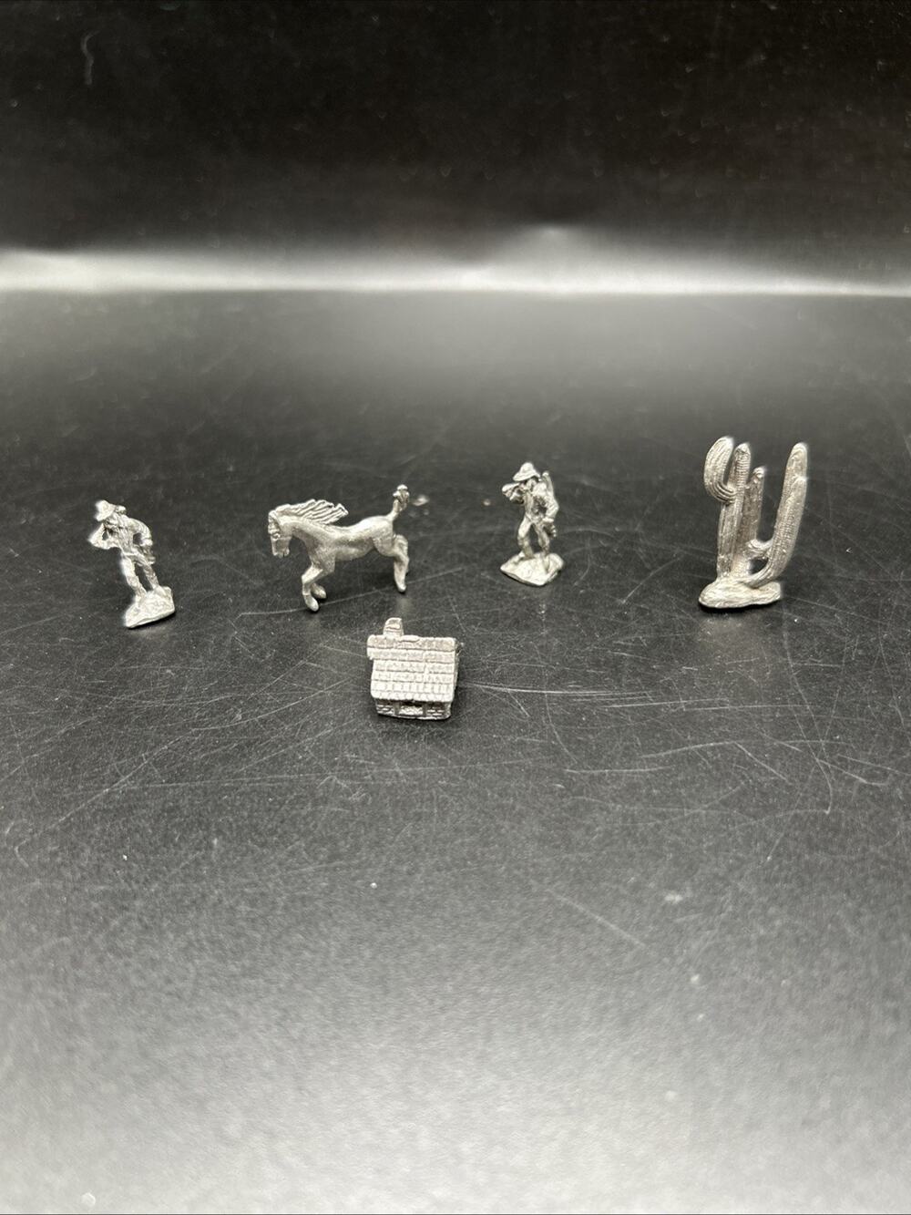 Lot of 5 Mini Miniature Pewter Figures Western Lot Cabin Cactus Horse 2 People